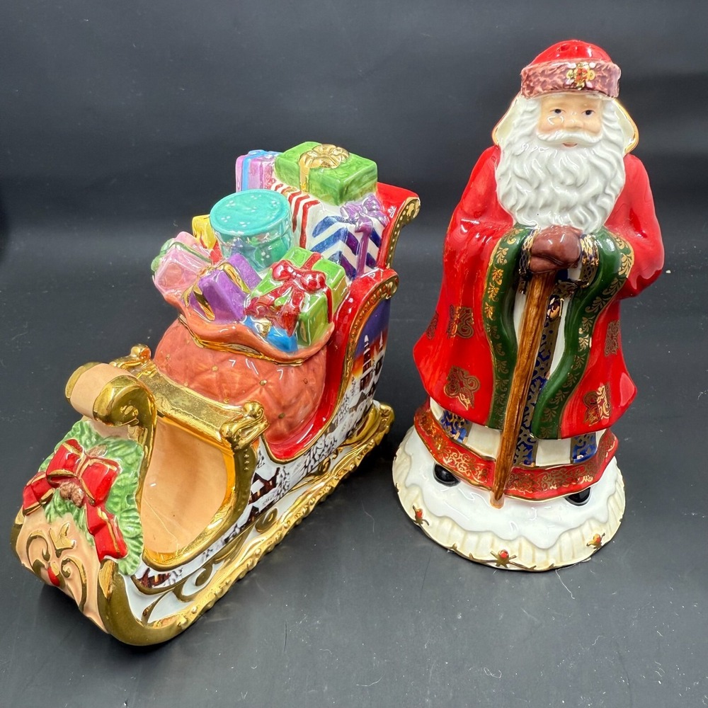 🎅‎ Christopher Radko Santa & Sleigh Ceramic Decor Set – Hand Painted – 5"/3.5"